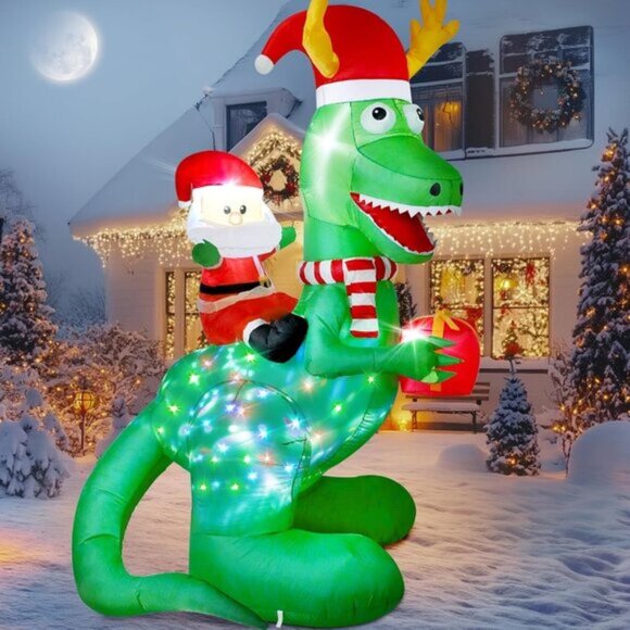 🆕8ft Christmas Inflatable Santa Riding Dinosaur Holding Gift Outdoor Decoration